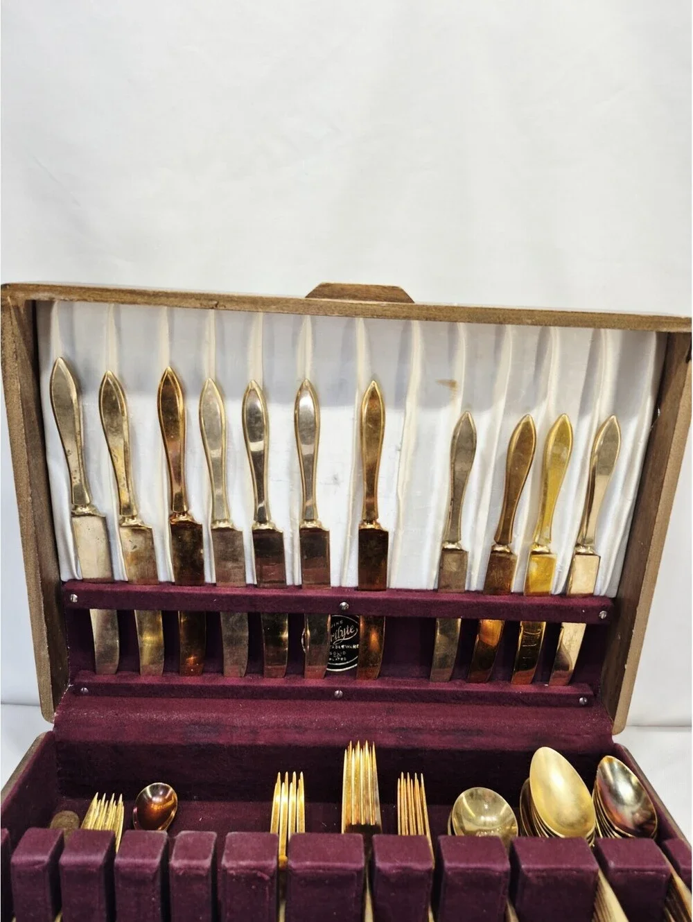 Vintage Genuine Dirilyte Table/Silverware Gold Tone Wood Storage Box Solid